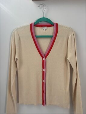 KULE Cream Ribbed Cardigan with Pink and Red Trim